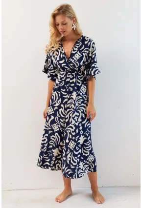 Kadın Lacivert Kruvaze Desenli Midi Elbise YZ1152