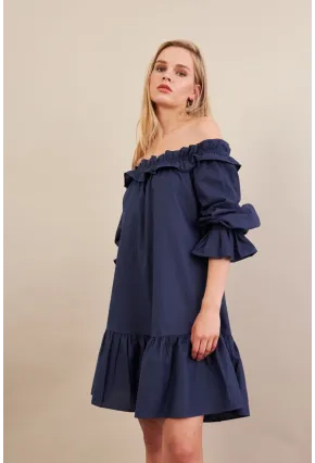 Kadın Lacivert Madonna Yaka Midi Elbise PSG1012