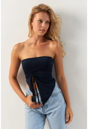 Kadın Lacivert Önü Büzgülü Crop Bluz MON138