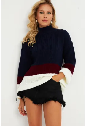 Kadın Lacivert Renk Bloklu Kazak YV277