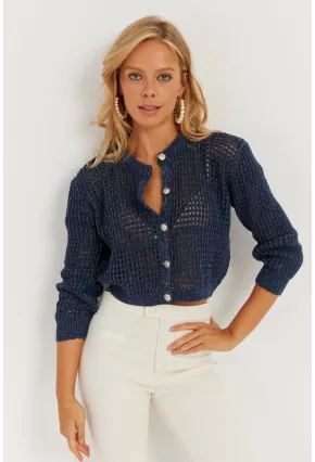 Kadın Lacivert Simli Ajurlu Hırka MİW3661