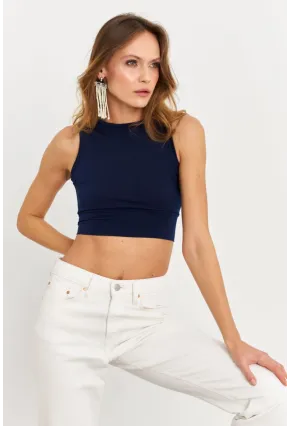 Kadın Lacivert Sırt Bağlamalı Crop Bluz EY2733