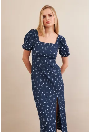 Kadın Lacivert Sırtı Detaylı Çiçekli Midi Elbise CHN103