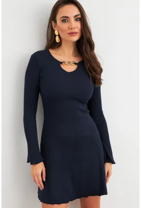 Kadın Lacivert Yakası Aksesuarlı Mini Elbise FRY2267
