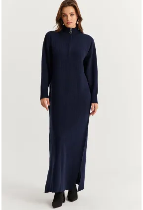 Kadın Lacivert Yakası Fermuarlı Triko Maxi Elbise MNUV10