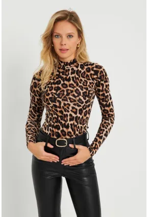 Kadın Leopar Desenli Bluz Camel-Siyah AYD288