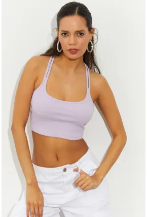 Kadın Lila Sırtı Halkalı Kaşkorse Crop Bluz B2552