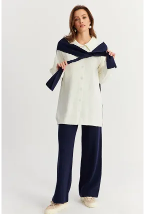 Kadın Mavi Atkılı Triko Hırka Alt Üst Takım NUV20