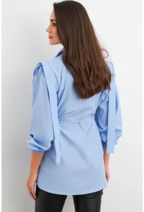 Kadın Mavi Bağlama Detaylı Basic Gömlek MASF185