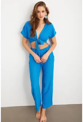 Kadın Mavi Bağlamalı Bürümcük Takım Q1012