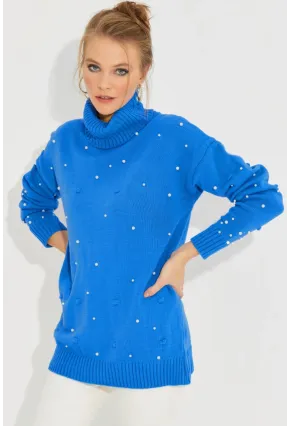 Kadın Mavi Balıkçı Yaka İncili Triko Kazak MSS129