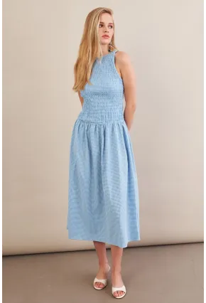 Kadın Mavi Beli Lastikli Gipeli Midi Elbise ZH130