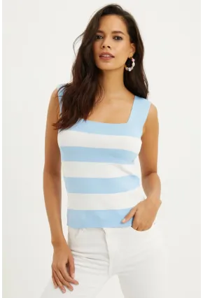 Kadın Mavı-Beyaz Kare Yaka Triko Bluz YV80