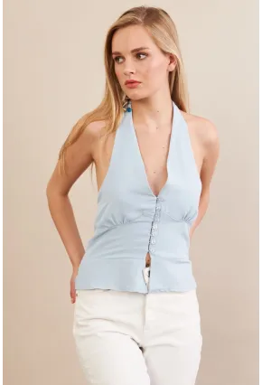 Kadın Mavi Boyun Bağlamalı Keten Yelek FS129