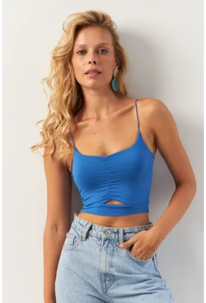 Kadın Mavi Büzgülü Crop Bluz MSH125