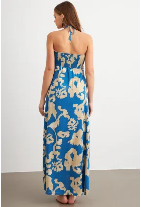 Kadın Mavi Büzgülü Desenli Midi Elbise KAB304