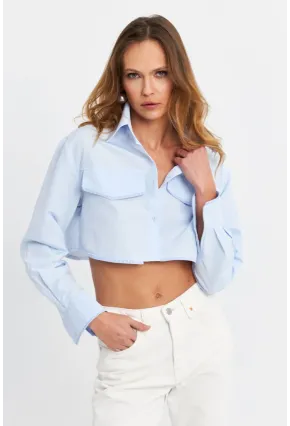 Kadın Mavi Cep Detaylı Crop Gömlek KED4205