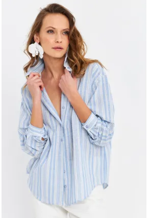 Kadın Mavi Çizgili Keten Gömlek ROP102