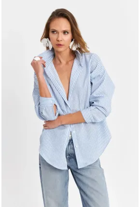 Kadın Mavi Çizgili Oversize Gömlek ZER420