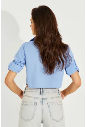 Kadın Mavi Crop Cepli Gömlek TD153