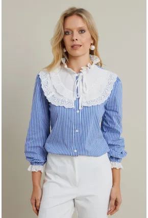 Kadın Mavi Dantel Detaylı Çizgili Gömlek MQS5074
