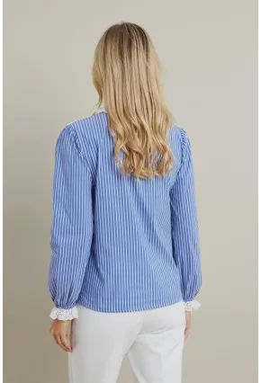 Kadın Mavi Dantel Detaylı Çizgili Gömlek MQS5074