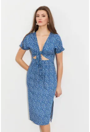 Kadın Mavi Desenli Pencereli Midi Elbise Q1013