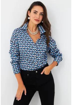 Kadın Mavi Desenli Saten Gömlek SHR9