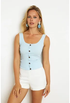 Kadın Mavi Düğme Aksesuarlı Bluz MK14