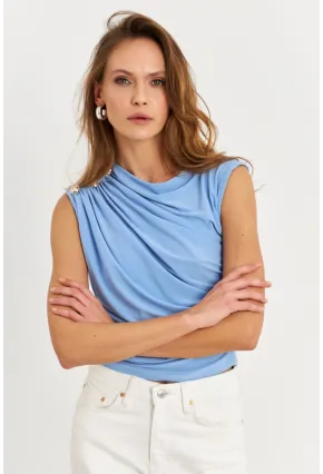 Kadın Mavi Düğme Detaylı Büzgülü Bluz LPP1205-1