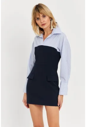 Kadın Mavi Gömlek Bloklu Mini Elbise KED3072