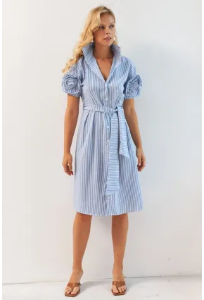 Kadın Mavi Gül Detaylı Midi Gömlek Elbise SF12812