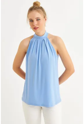 Kadın Mavi Halter Yaka Desenli Bluz LPP1273