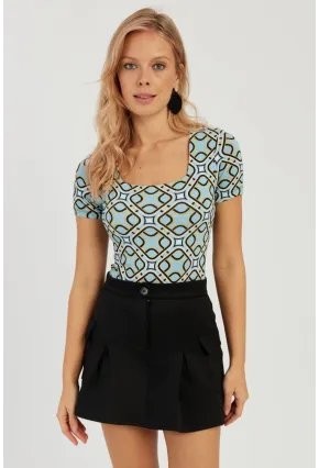 Kadın Mavi Kare Yaka Desenli Bluz LPP1258