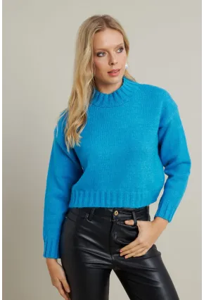 Kadın Mavi Kısa Triko Kazak YV301