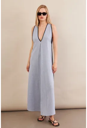 Kadın Mavi Kontrast Çizgili Maxi Keten Elbise MSİ101