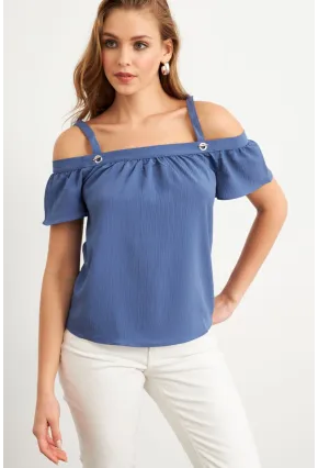 Kadın Mavi Kontrast Kollu Bürümcük Bluz RX452