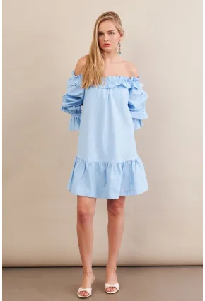 Kadın Mavi Madonna Yaka Midi Elbise PSG1012