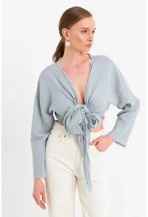 Kadın Mavi Müslin Crop Bluz PC20700