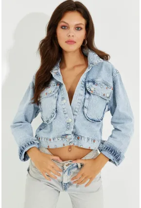 Kadın Mavi Nakışlı Denim Kısa Ceket İS802