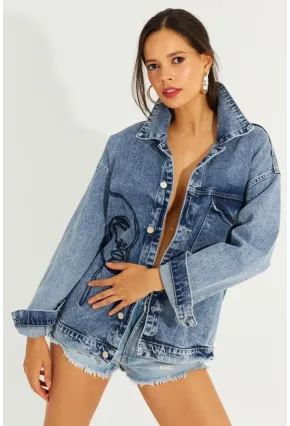 Kadın Mavi Nakışlı Kot Ceket İS801