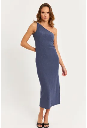 Kadın Mavi Omuz Aksesuarlı Kolsuz Midi Elbise MOD2400