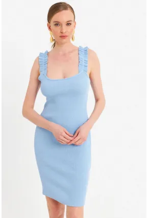 Kadın Mavi Omuz Bantlı Kaşkorse Mini Elbise URO203