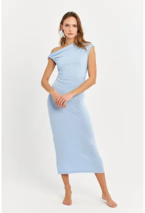 Kadın Mavi Omuz Düğümlü Degaje Midi Elbise EY3054