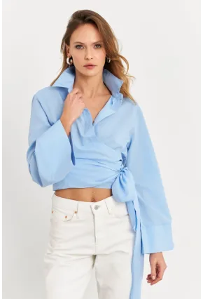 Kadın Mavi Önü Bağlamalı İspanyol Kol Gömlek MON142