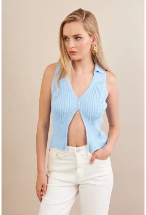 Kadın Mavi Polo Yaka Yumoş Yelek ZH050