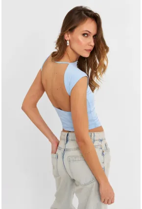 Kadın Mavi Sırtı Açık Crop Bluz ZH083