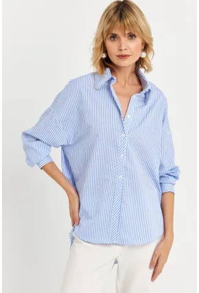 Kadın Mavi Taş Detaylı Çizgili Gömlek KED4088