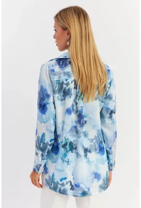 Kadın Mavi Taş Düğmeli Desenli Gömlek MLVF9
