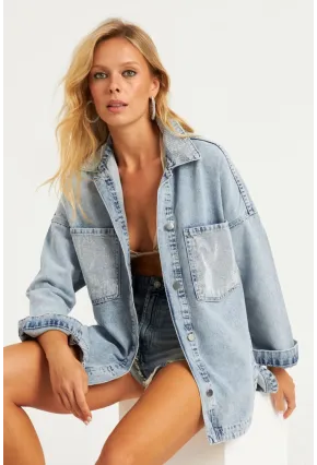 Kadın Mavi Taşlı Denim Ceket İS249